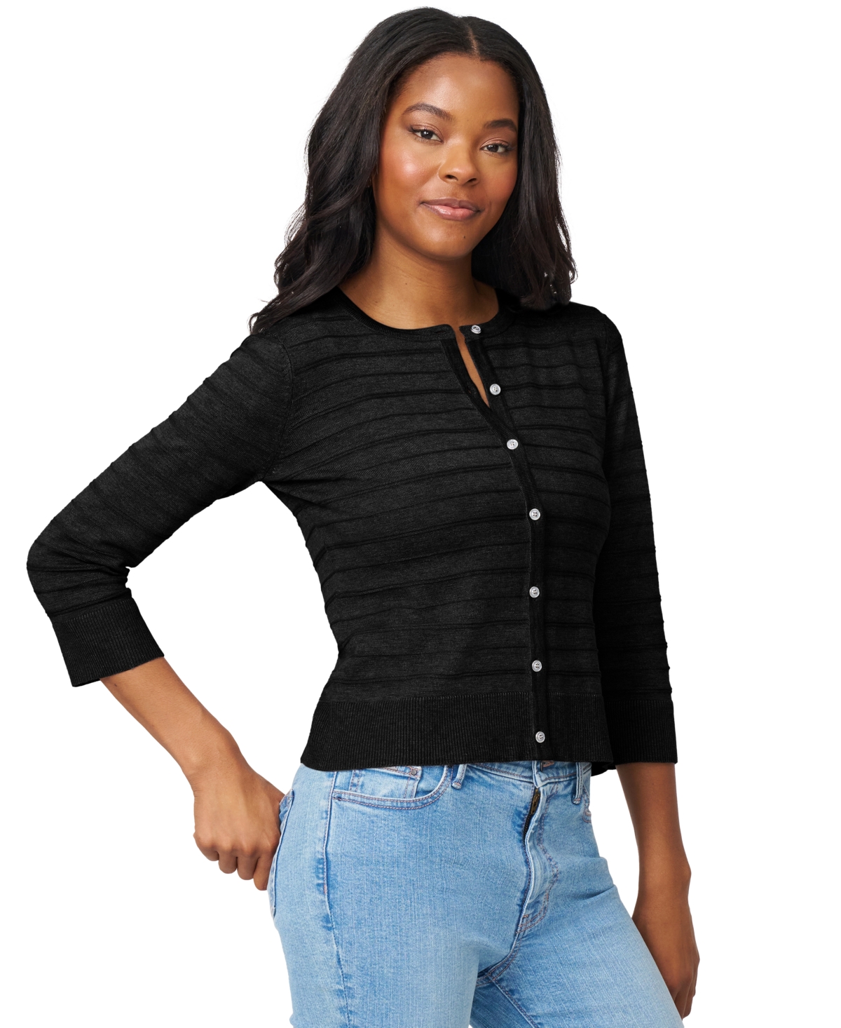Melissa Paige Women's Ottoman-rib 3/4-sleeve Crewneck Cardigan In Black