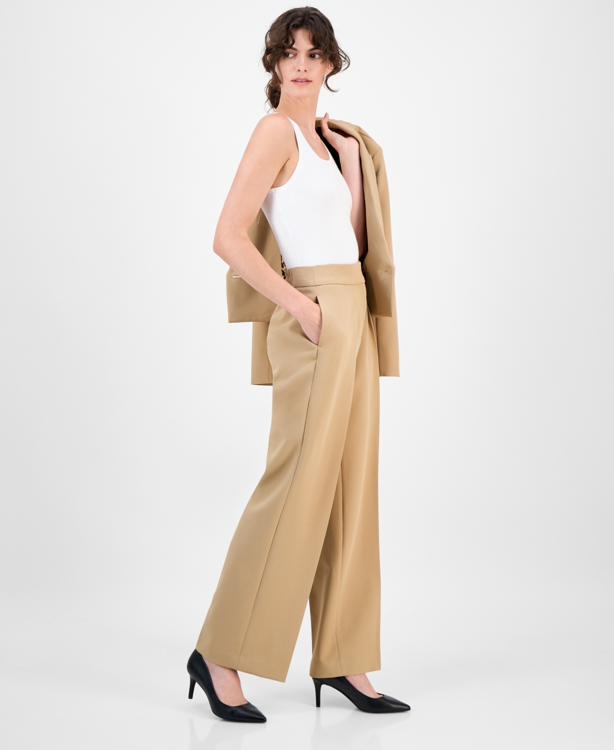 Anne Klein Womens High Rise Pleated Wide Leg Ultra Fine Twill Pants 0p 16 In Brown