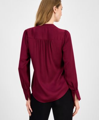 Women's Satin Pleated V-Neck Blouse