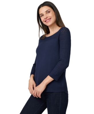 Petite Pointelle-Yoke 3/4-Sleeve Sweater