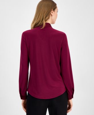 Petite Mixed-Media Tie-Neck Long-Sleeve Blouse