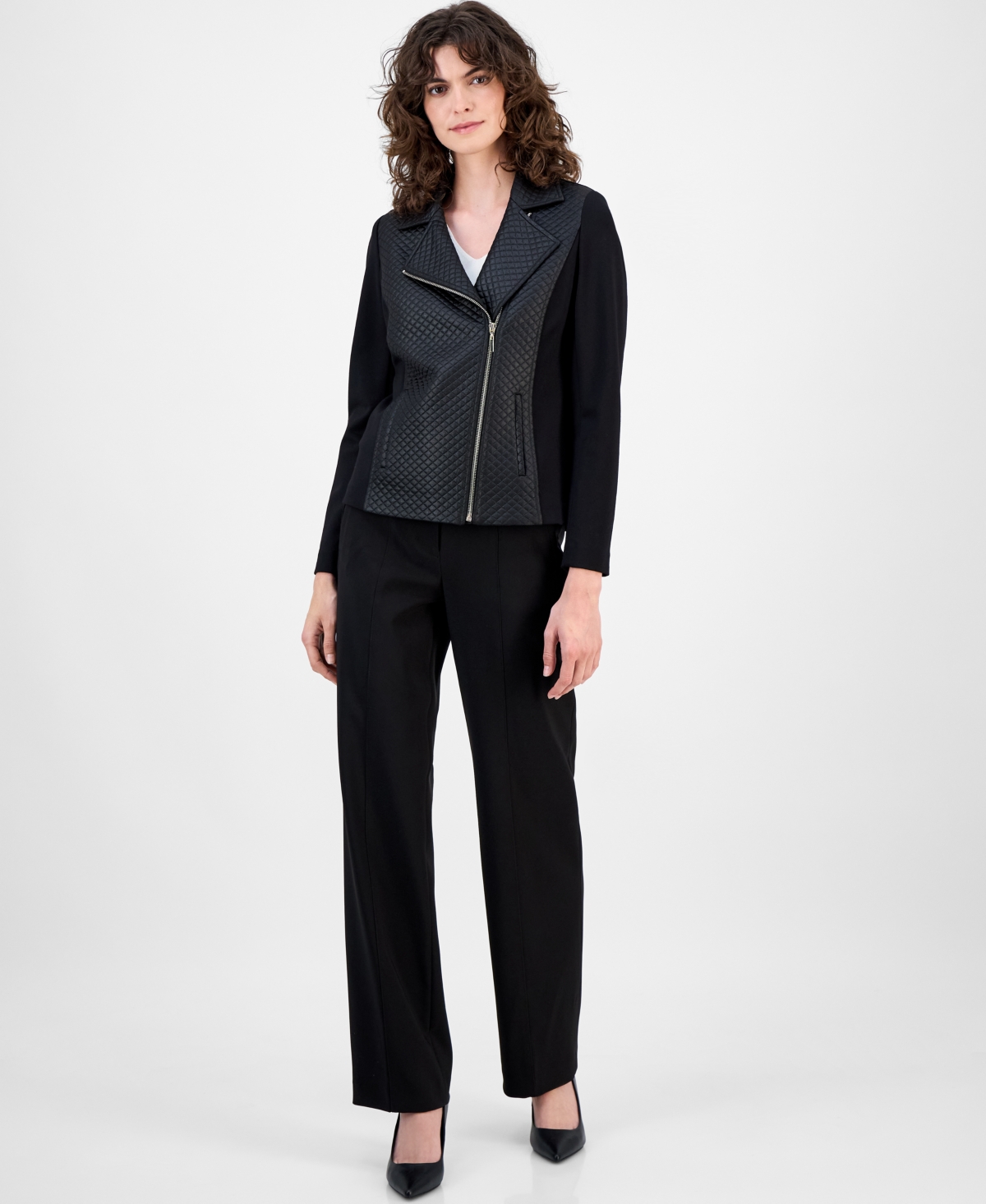 Anne Klein Womens Asymmetrical Mixed Media Moto Jacket P Xxs Xxl In Black