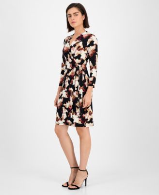Petite Printed Faux-Wrap 3/4-Sleeve Dress