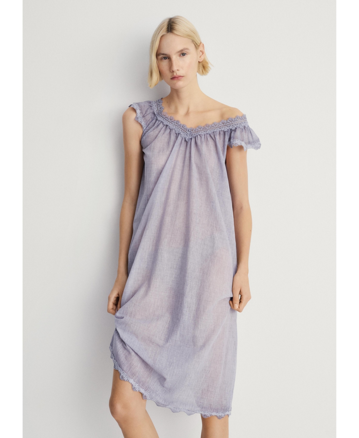 Mango Cotton Nightdress Overdyed Lace Lilac