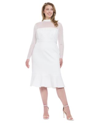 Plus Size Beaded Illusion Mock-Neck Midi Dress