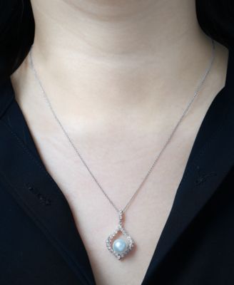 Cultured Freshwater Pearl (8mm) & Lab Grown White Sapphire (1 ct. t.w.) 18" Pendant Necklace in Sterling Silver
