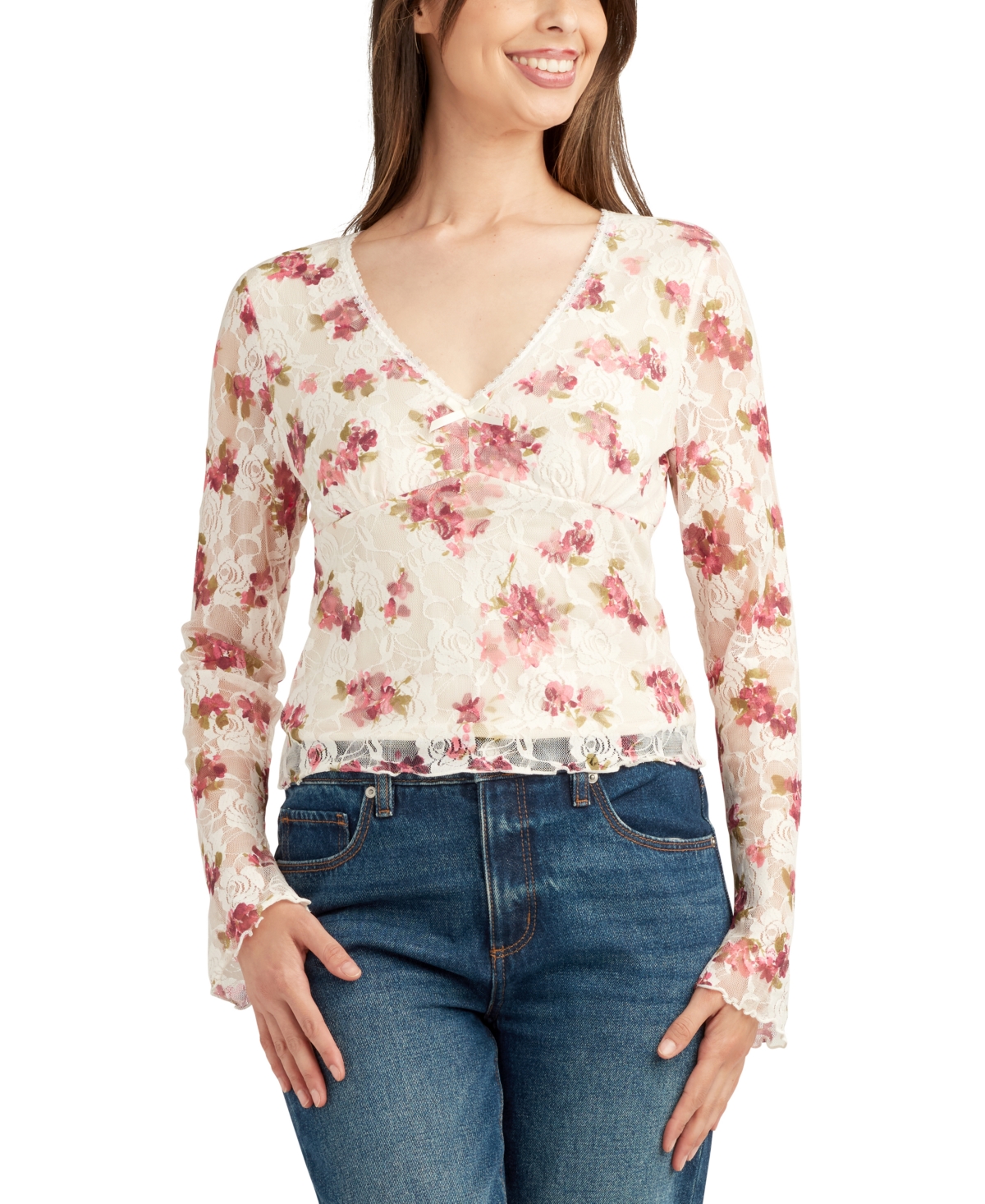 Juniors' Floral-Print Stretch Lace Long-Sleeve Top - Pat X