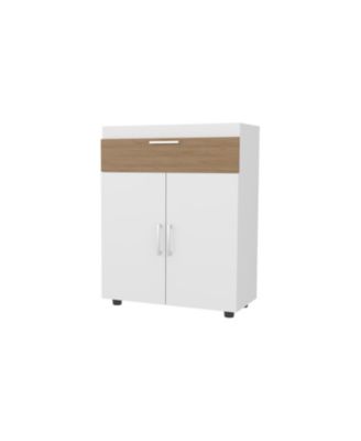 North Fork Shoe Rack, Pneumatic Lift-Up Compartment, Dual Doors, White and Natural Oak