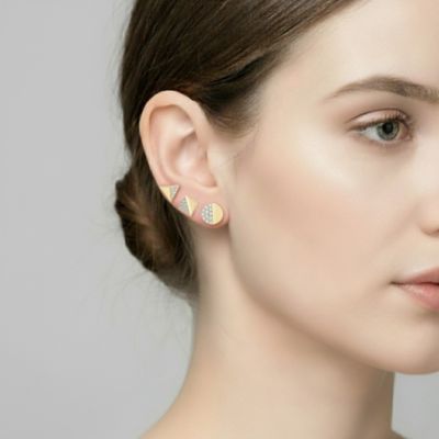 14K Gold Plated with Clear Paved Cubic Zirconia Triangle, Square & Circle Stud Earring 3-Piece Set