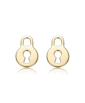 14K Gold Plated with Clear Cubic Zirconia Heart, Key & Lock "Love & Lock" Stud Earring 3-Piece Set