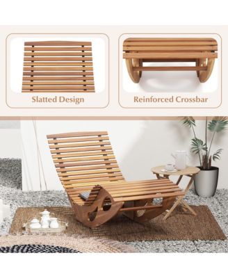 2PCS Outdoor Chaise Lounge w/ High Back Slatted Seat Stopper Outside Wood Rocker