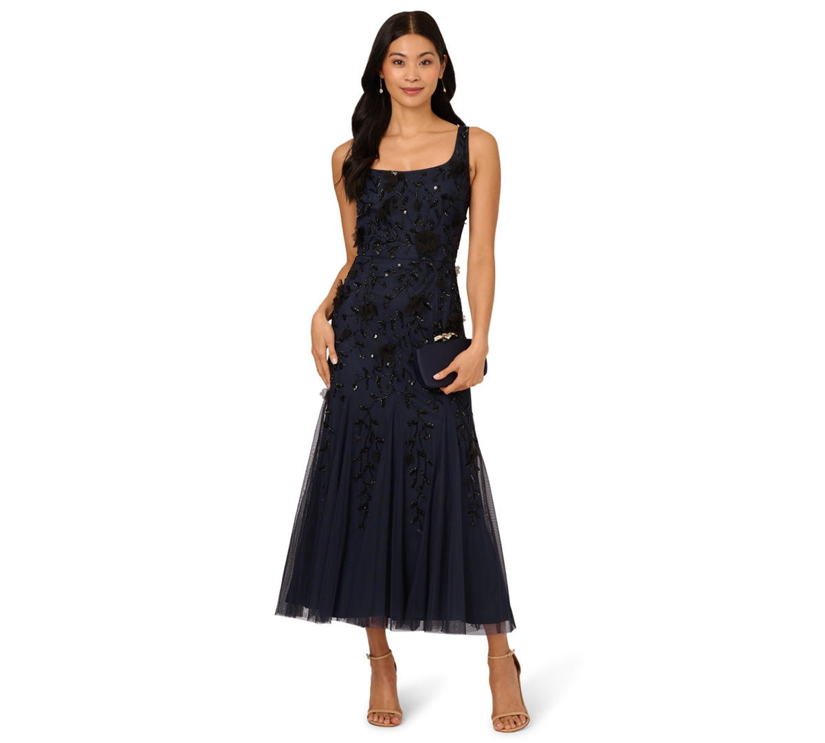 Women's Beaded Mesh Midi Dress - Navy Black