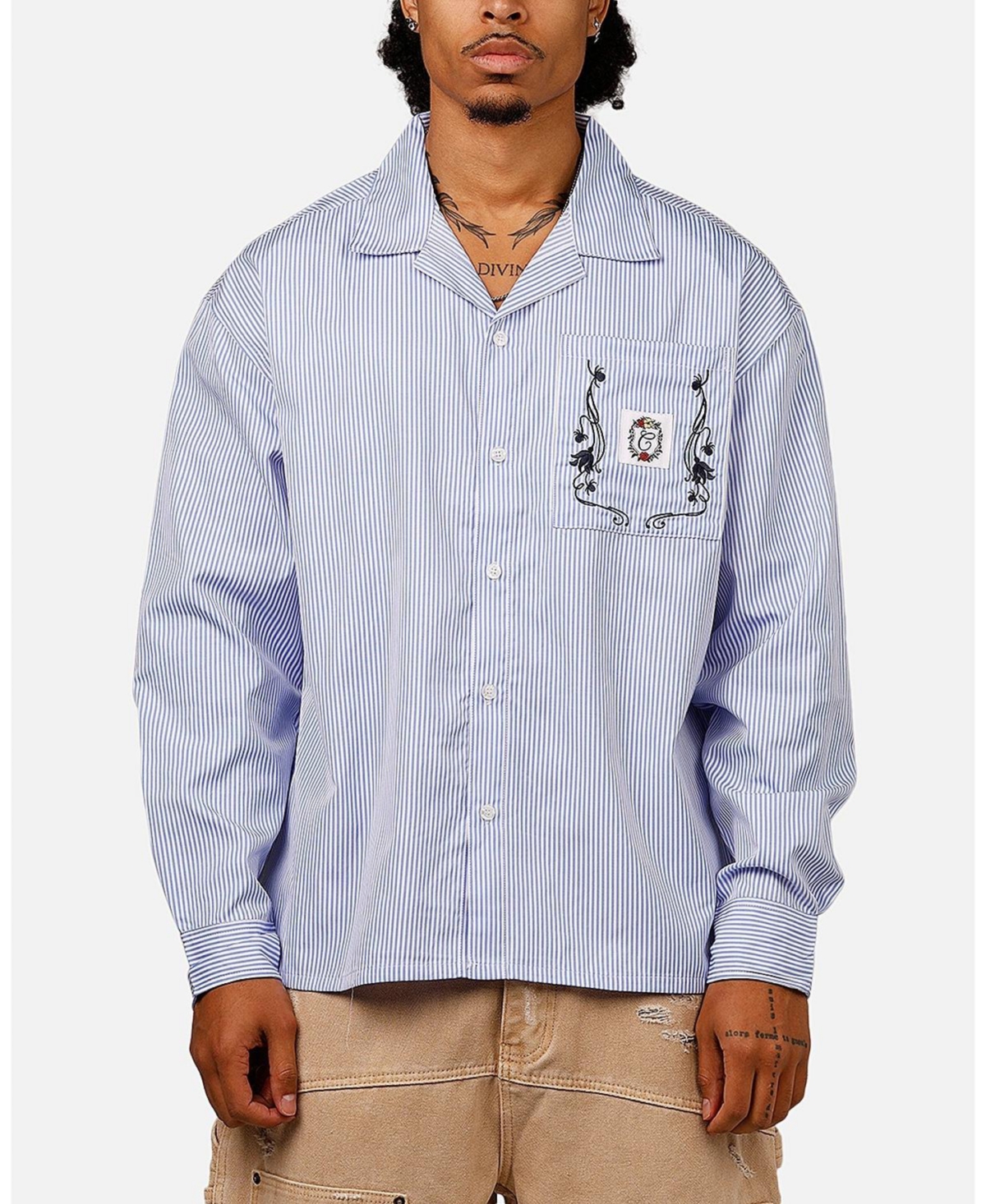 Men's Floral Oversized Button Up Shirt - Blue stripe / white