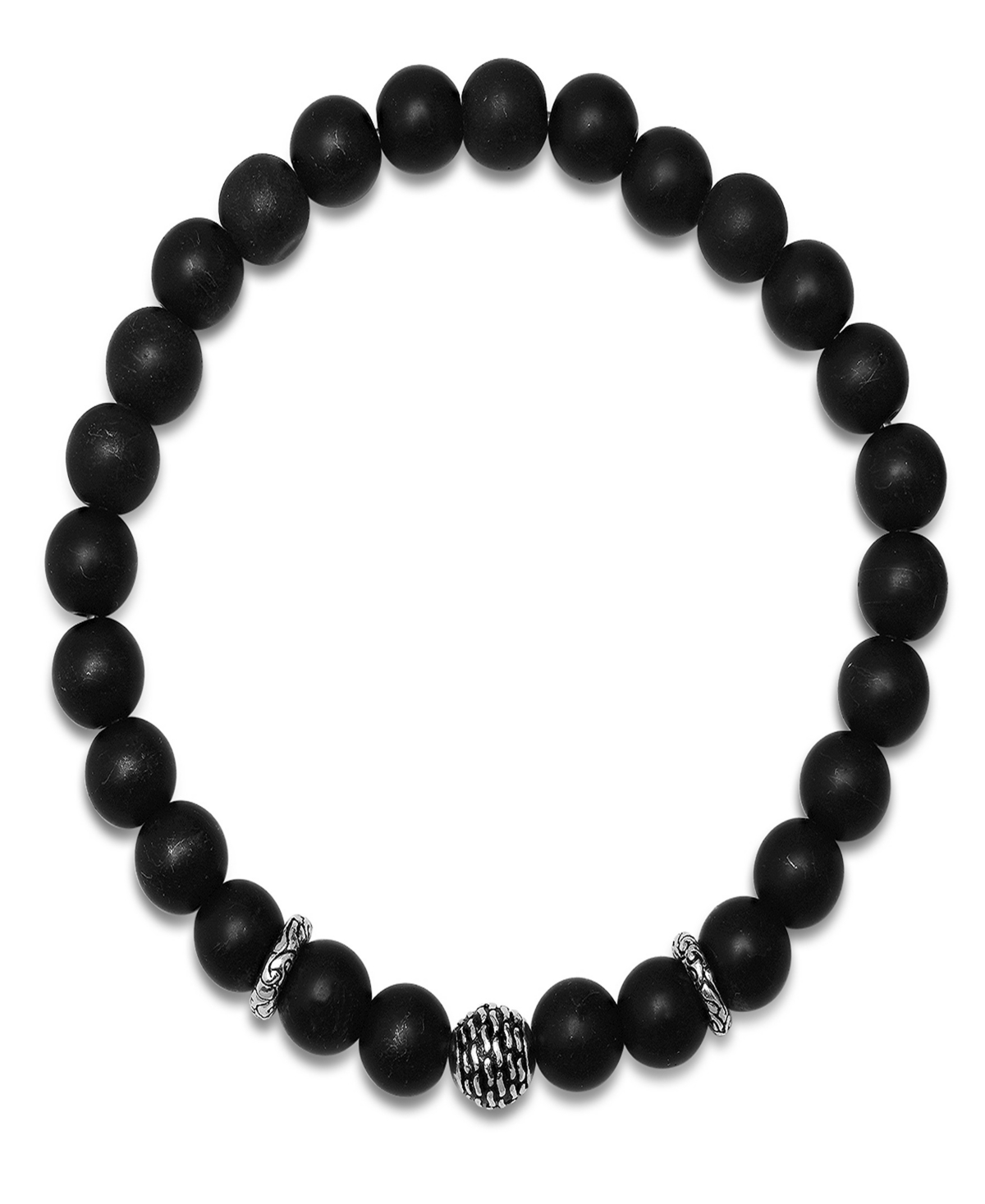 Men's Sterling Silver and Black Lava Beaded Stretch Bracelet - Black