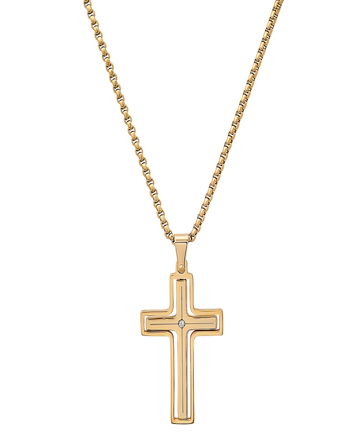 Steeltime Men's 18k Gold Plated And Simulated Diamond Spinning Cross Pendant Necklace