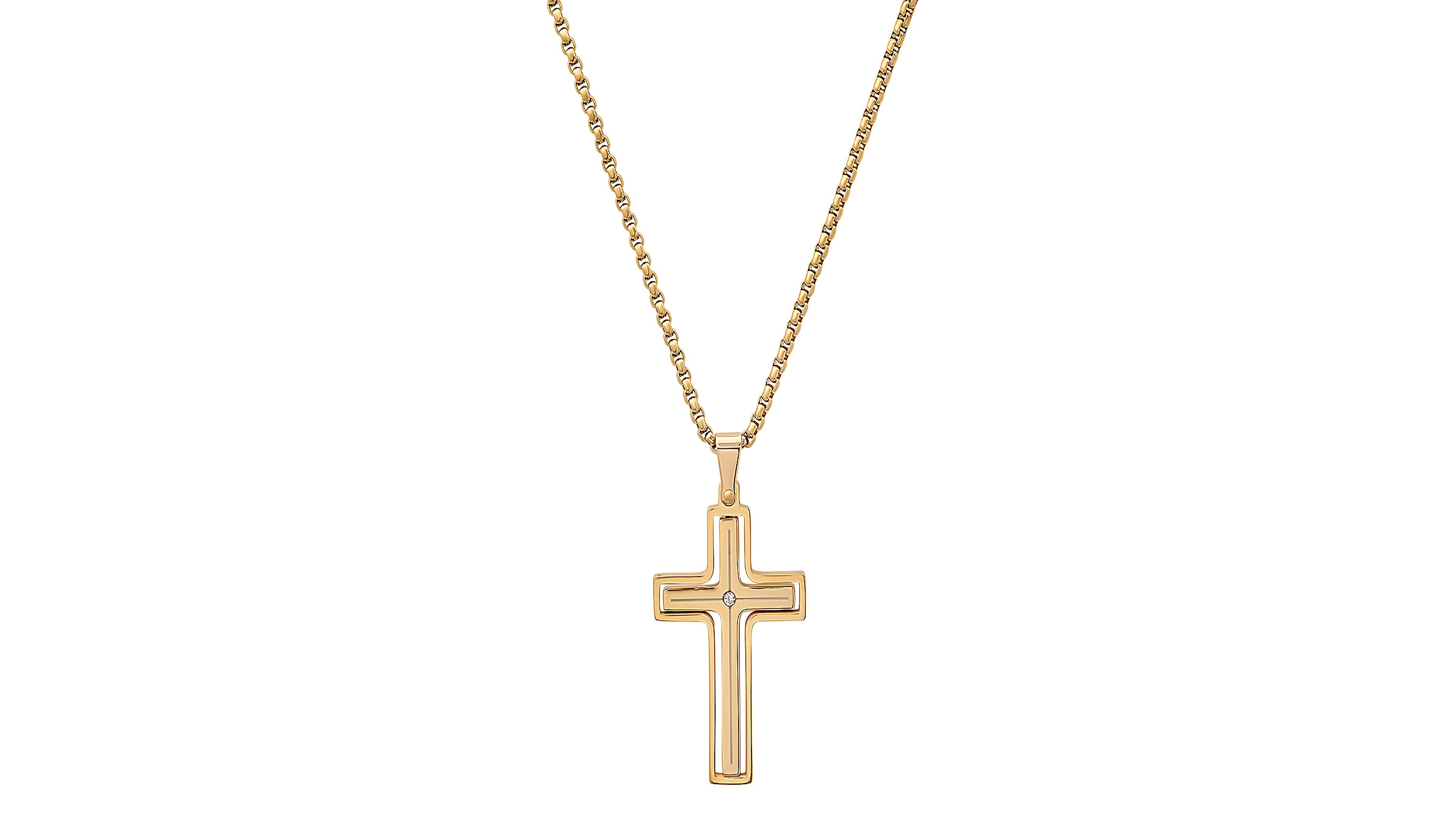 Steeltime Men's 18K Gold Plated and Simulated Diamond Spinning Cross Pendant Necklace