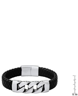 Men’s Black Braided Leather and Stainless-Steel Bracelet