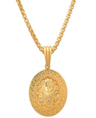 Men's Sterling Silver Lion Head Round with Greek Key Accents Pendant Necklace