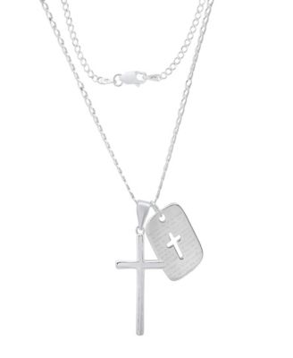 Men's Sterling Silver Cross and Dog Tag Paired Pendant Necklace