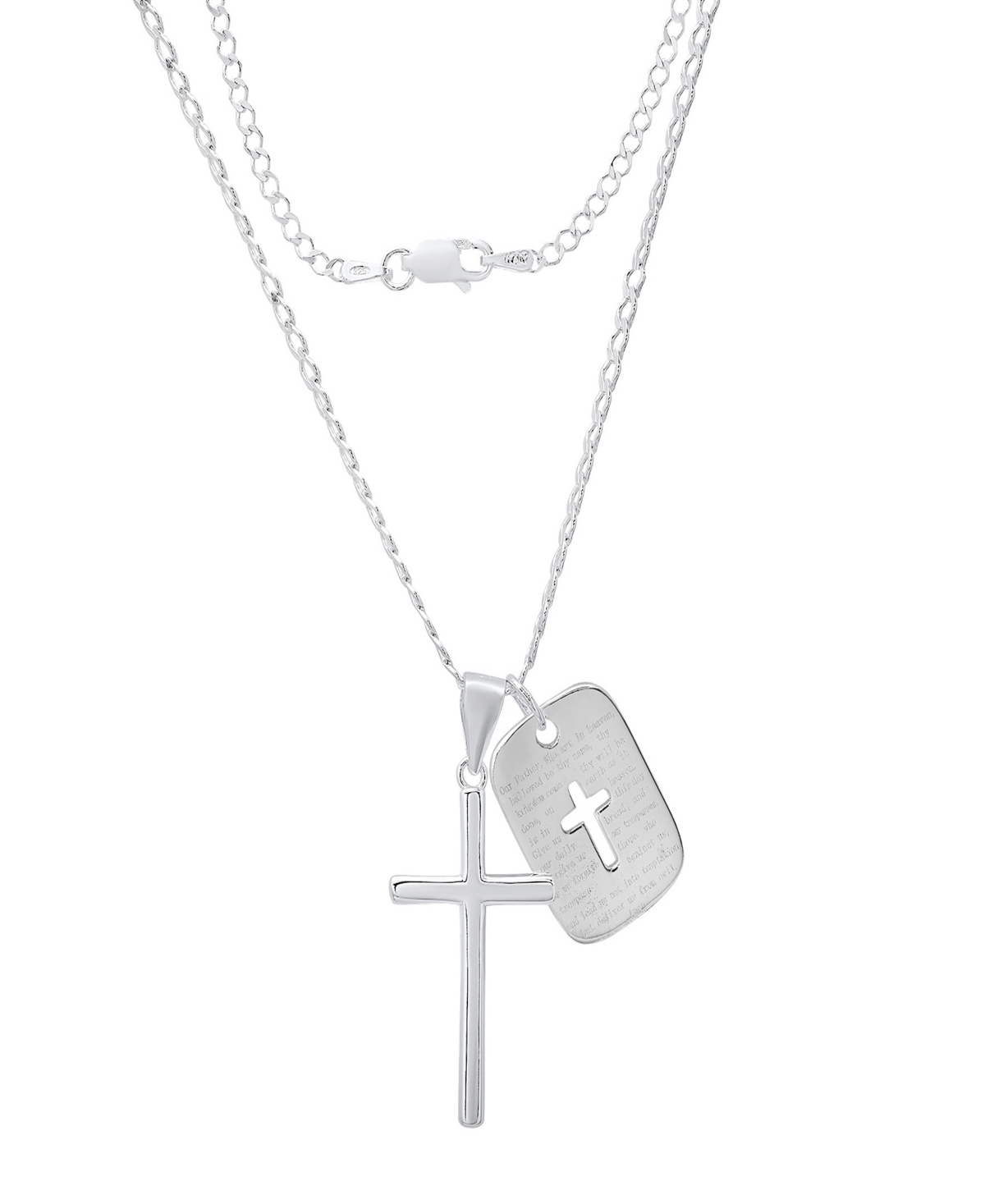 Men's Sterling Silver Cross and Dog Tag Paired Pendant Necklace - Silver