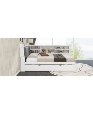 Wood Full Size platform bed with Trundle, Shelves and Storage Headboard