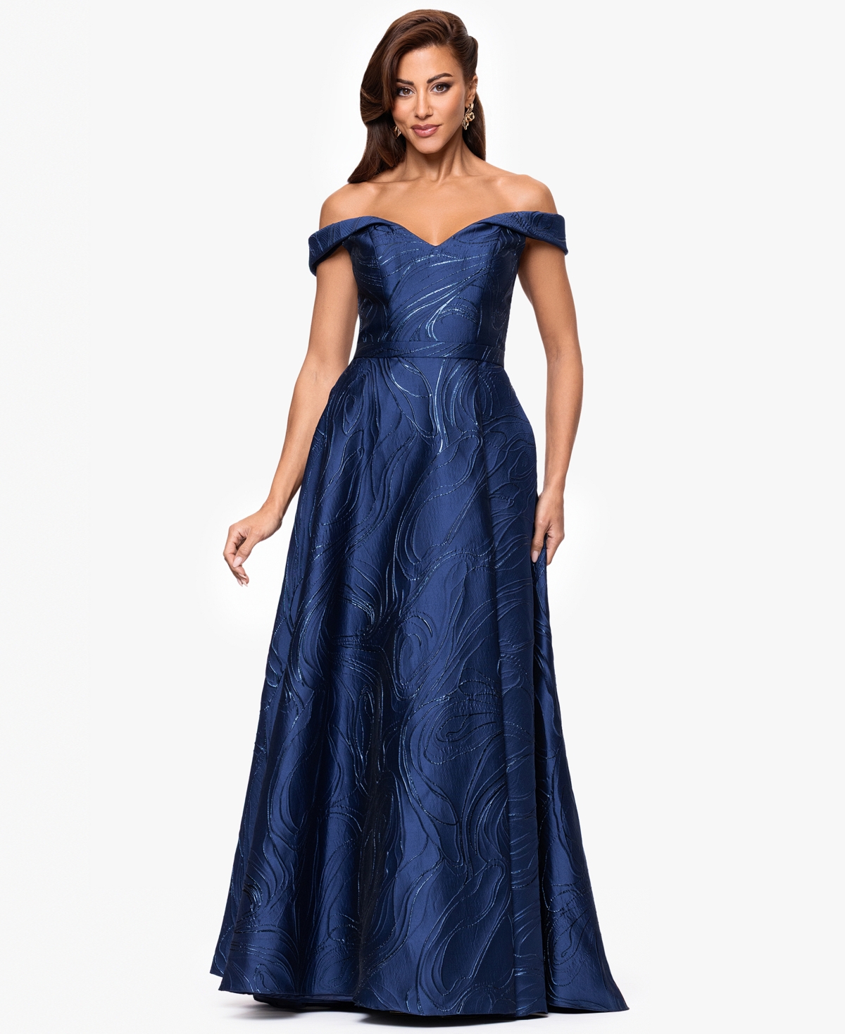 Xscape Women's Off-the-shoulder Metallic Ball Gown