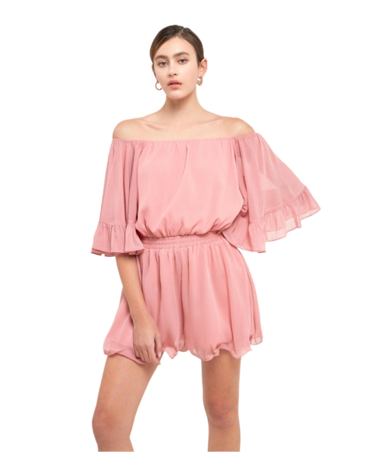 Women's Ruffled Sleeve Romper - Salmon