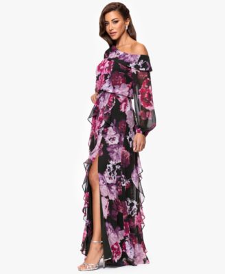 Women's Printed Asymmetrical Long-Sleeve Maxi Dress