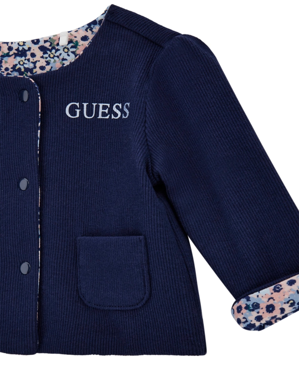 Guess Baby Girls 3-piece Reversible Jacket, Short Sleeve Bodysuit And Reversible Pants Set In Blue