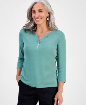 Style & Co - Petite Cotton Knit Henley 3/4-Sleeve Top