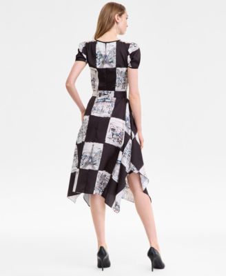 Women's Scarf-Print Handkerchief-Hem Midi Dress