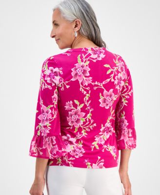 Petite Floral Mixed-Media Ruffle-Sleeve Split-Neck Top, Exclusively at Macy's 