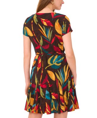 Women's Tropical-Print Short-Sleeve Tie-Waist Skirt Dress