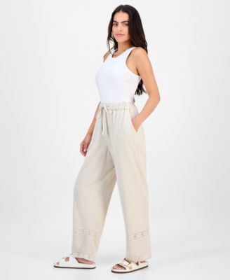 Petite Linen-Blend Lace-Inset Wide-Leg Pants, Exclusively at Macy's 