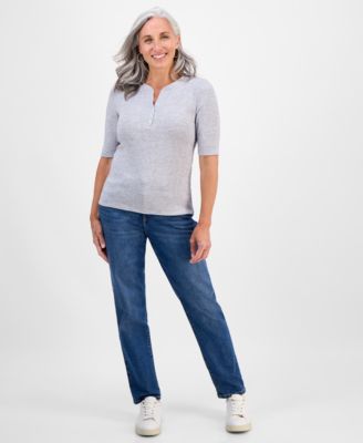 Petite Pointelle Elbow-Sleeve Henley Knit Top, Exclusively at Macy's 