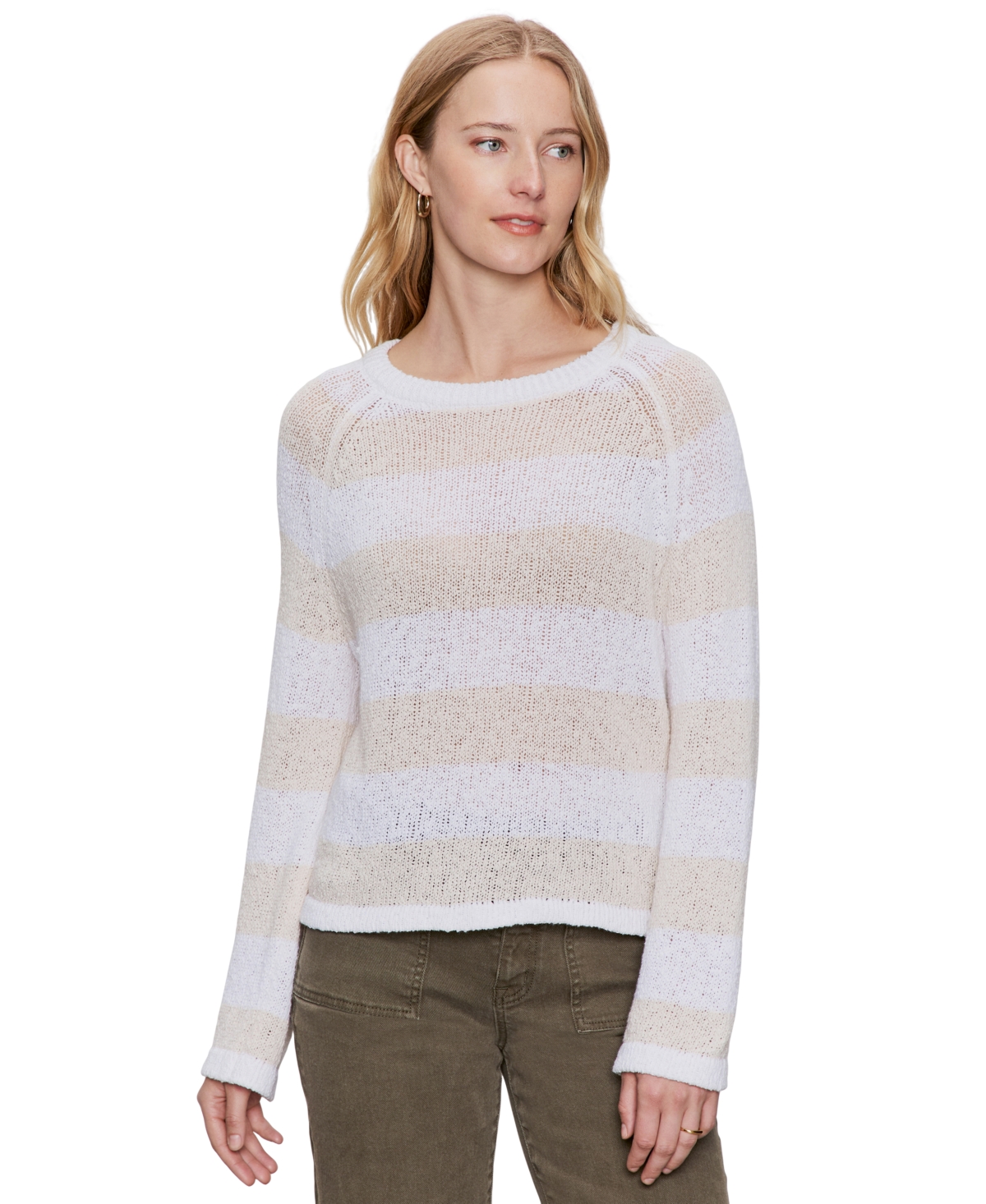 Women's Textured Raglan Crewneck Sweater - White/ Light Oat Stripe