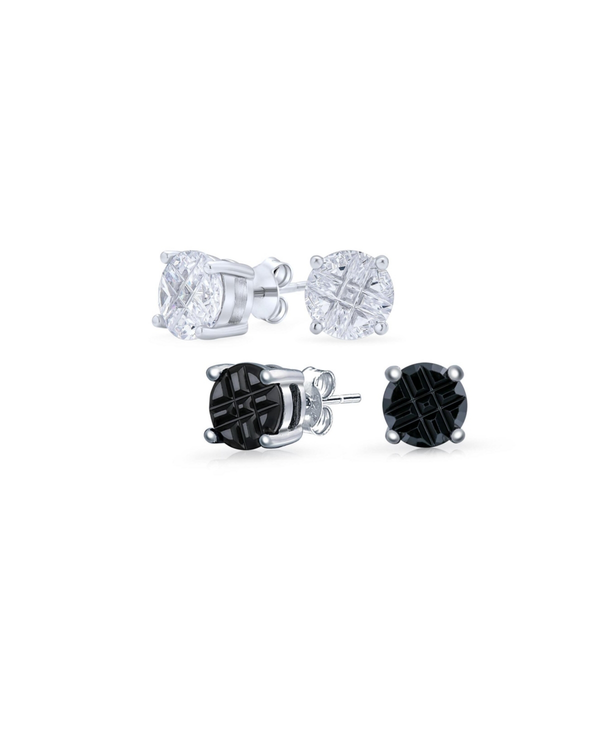 Set of 2 Round Black Clear Cubic Zirconia Invincible Cut Stud Earrings 5MM - Clear black