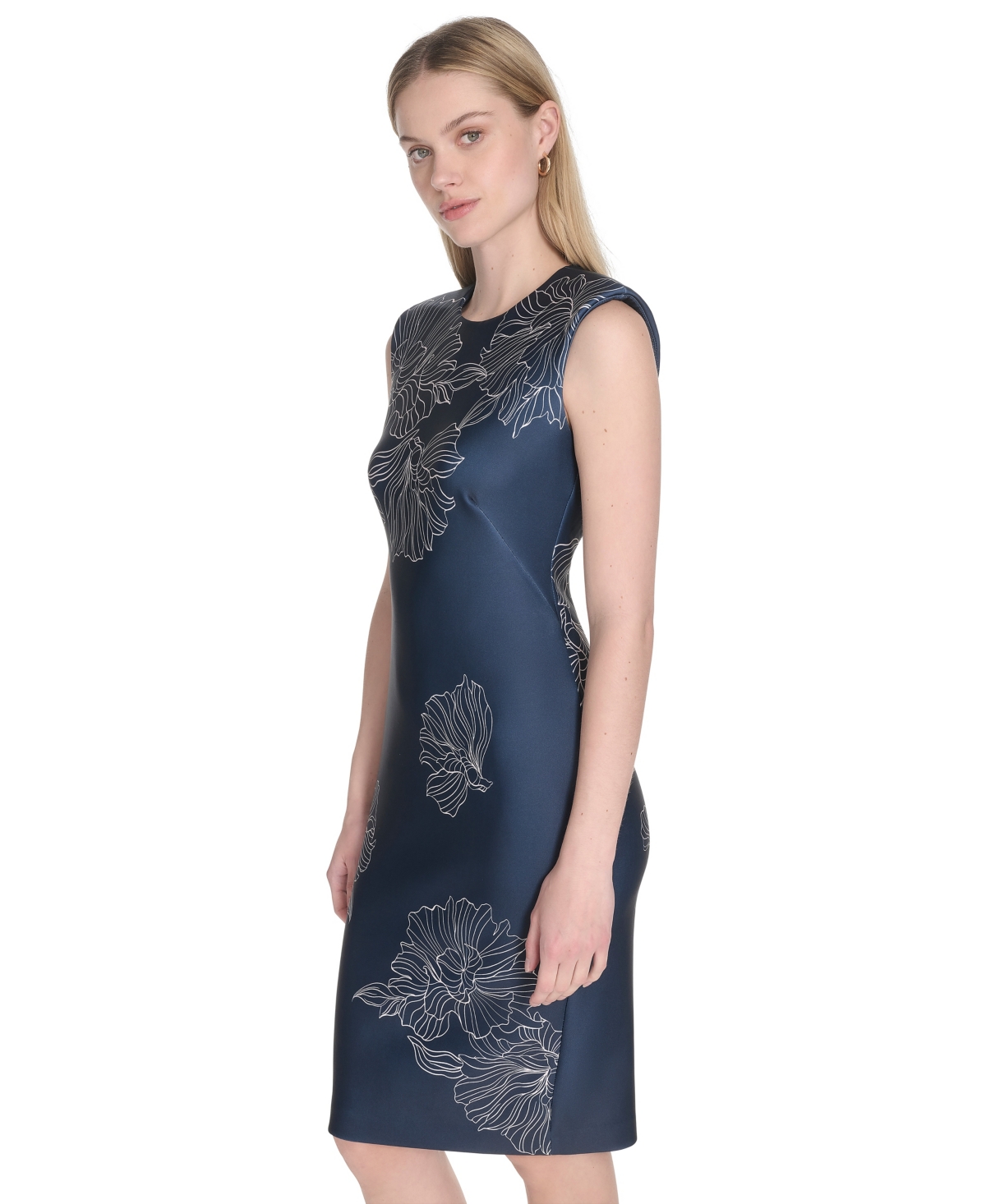 Calvin Klein Petite Sleeveless Scuba Sheath Dress In Blue
