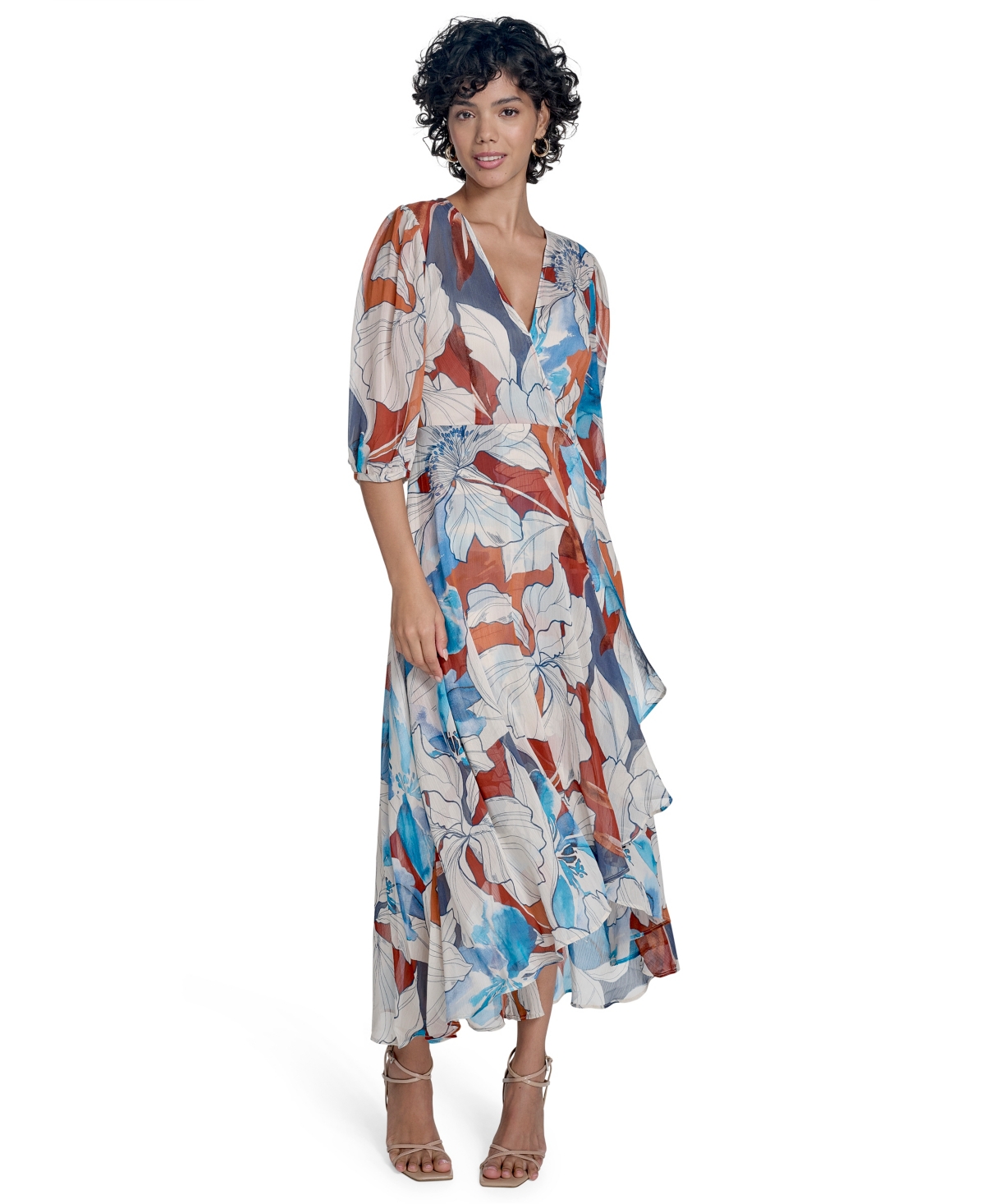 Calvin Klein Women's 3/4-sleeve Chiffon Wrap A-line Dress