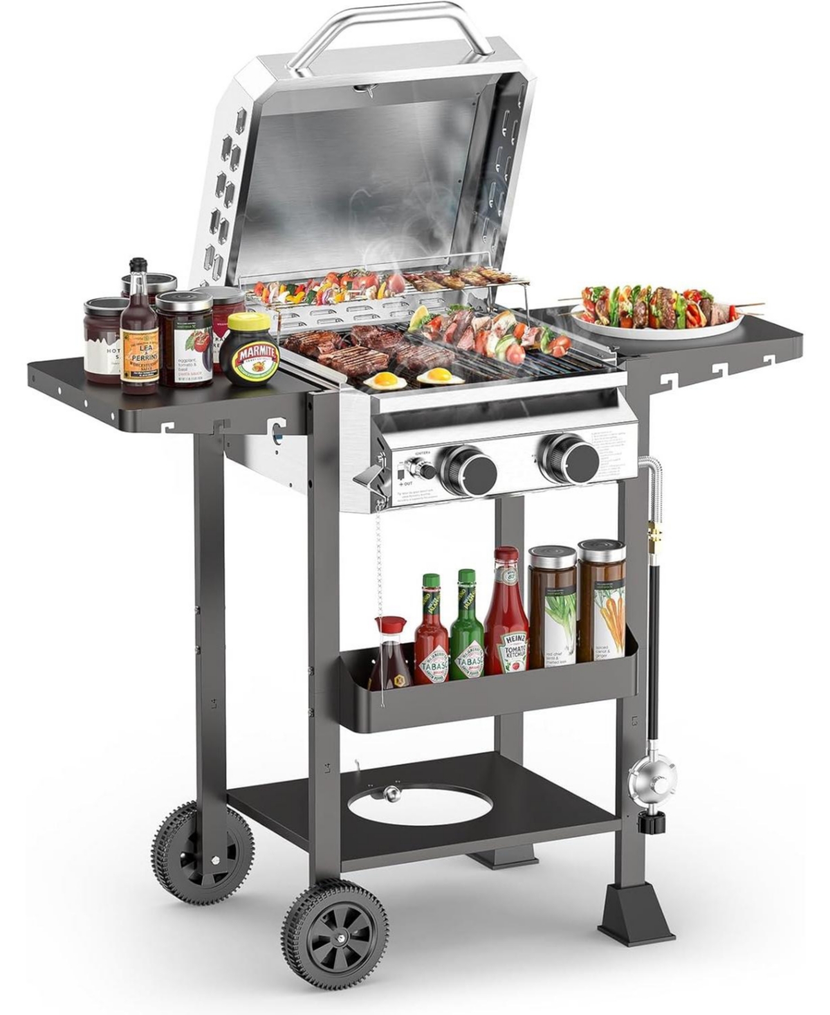 2-Burner Propane Gas Grill with Folding Side Tables,Stainless Steel 16,000 Btu Bbq Grill,Outdoor Grill for Barbecue,Patio,Camping