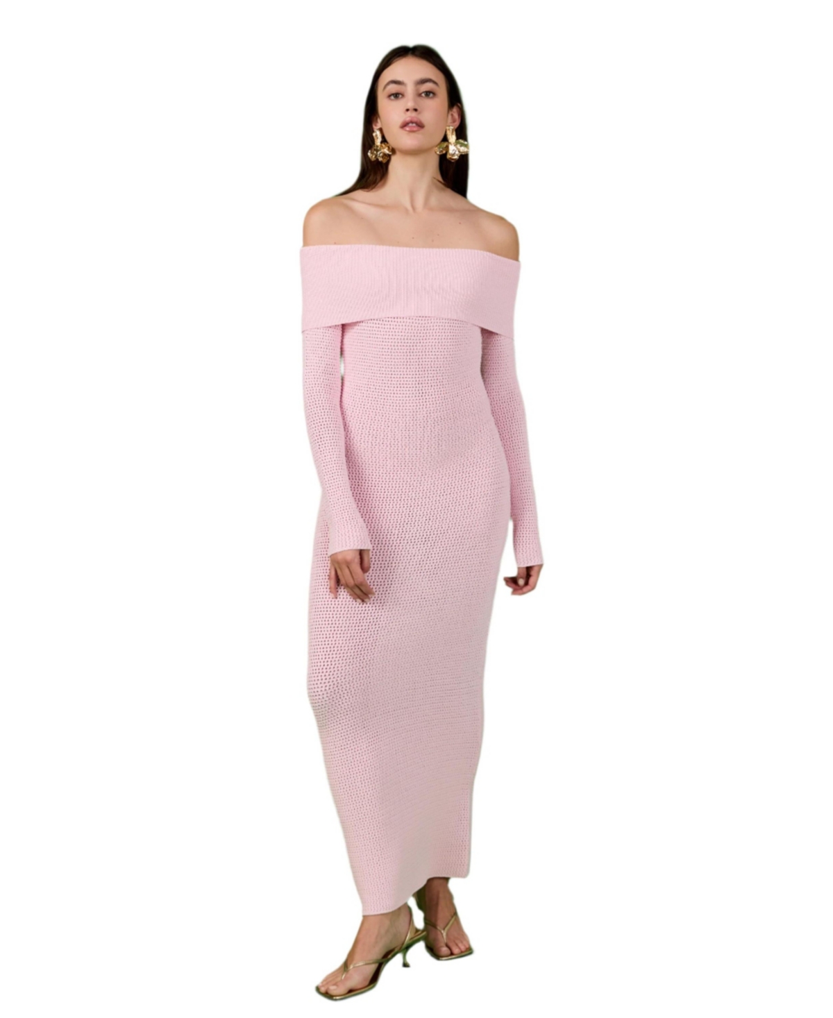 Women's Off Shoulder Long Sleeve Midi Dress - Pink