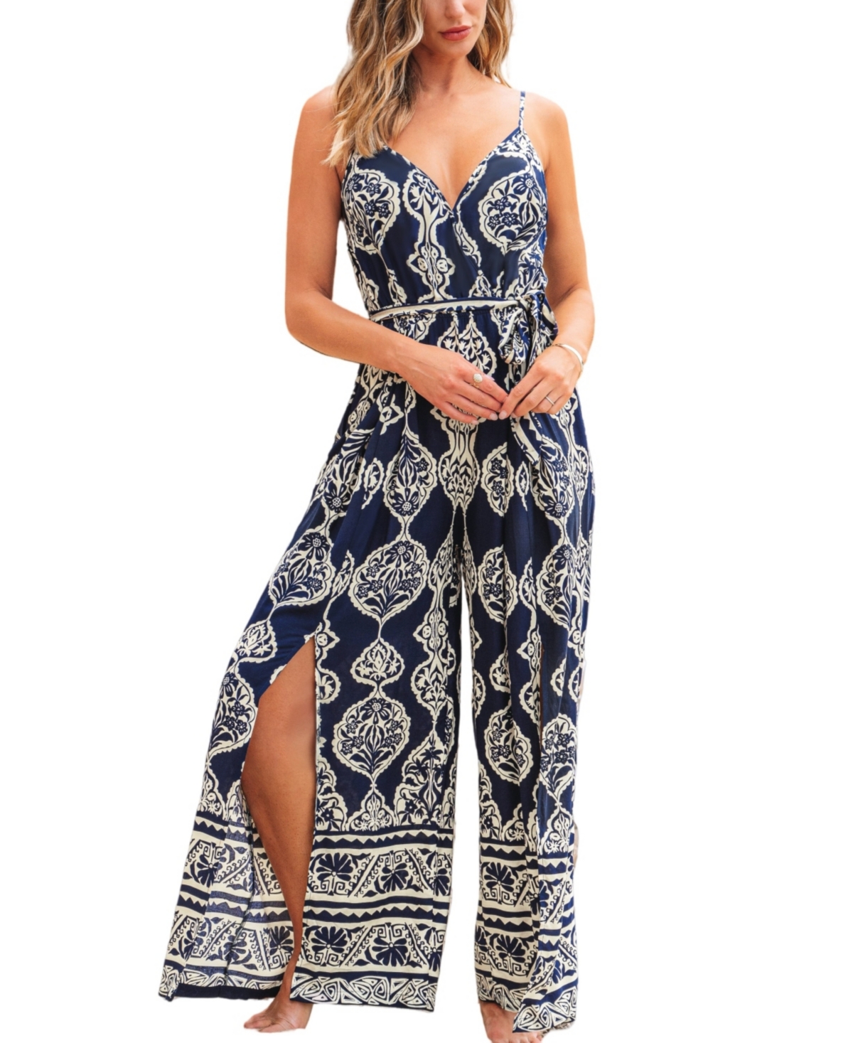 Women's Boho Print Spaghetti Strap Split-Leg Jumpsuit - Dark blue
