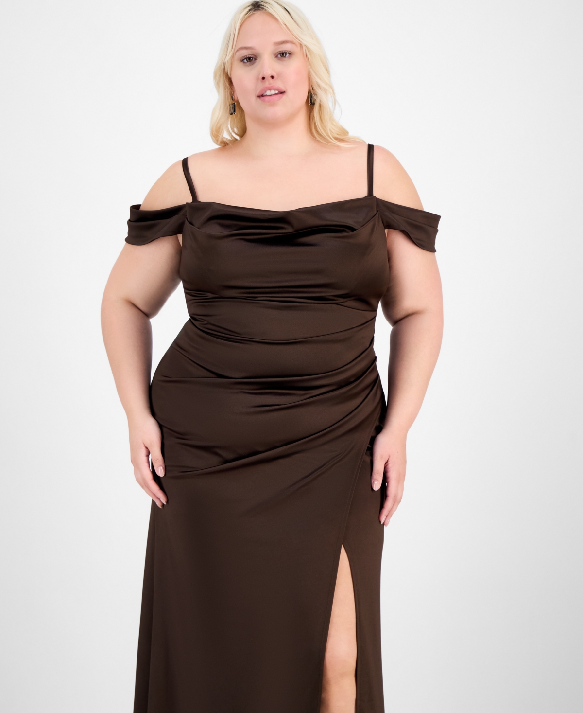 B Darlin Trendy Plus Size Off-the-shoulder Satin Gown In Brown