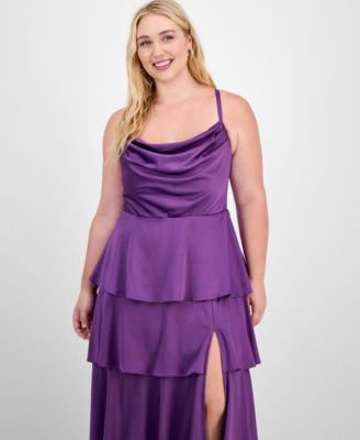 Trendy Plus Size Cowl-Neck Tiered Satin Gown 