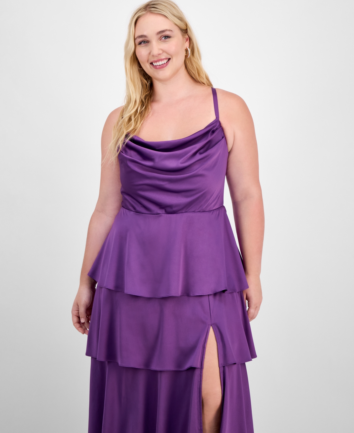 City Studios Trendy Plus Size Cowl-neck Tiered Satin Gown In Purple