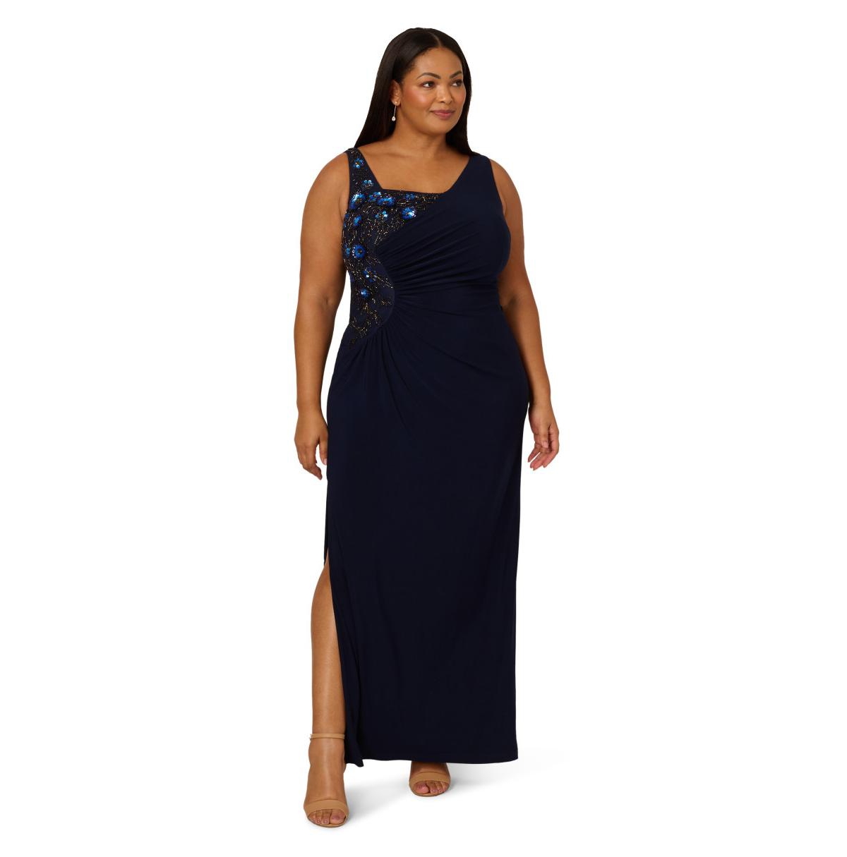 Plus Size Jersey Beaded Long Sleeveless Dress - Midnight Multi