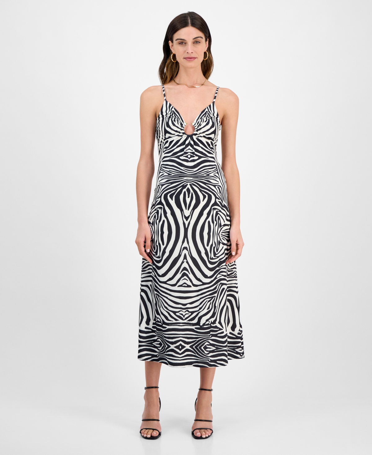 Juniors' Zebra-Print Ruched V-Neck Midi Dress - Black/White
