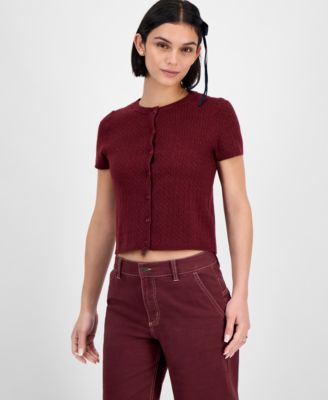 Freshman - Juniors' Short-Sleeve Crewneck Cable-Knit Sweater