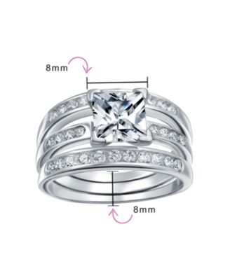 Square 2CT Solitaire Princess Cut CZ 3 Triple Pave Band Guard Inset Enhancers Anniversary Ring Set .925 Sterling Silver