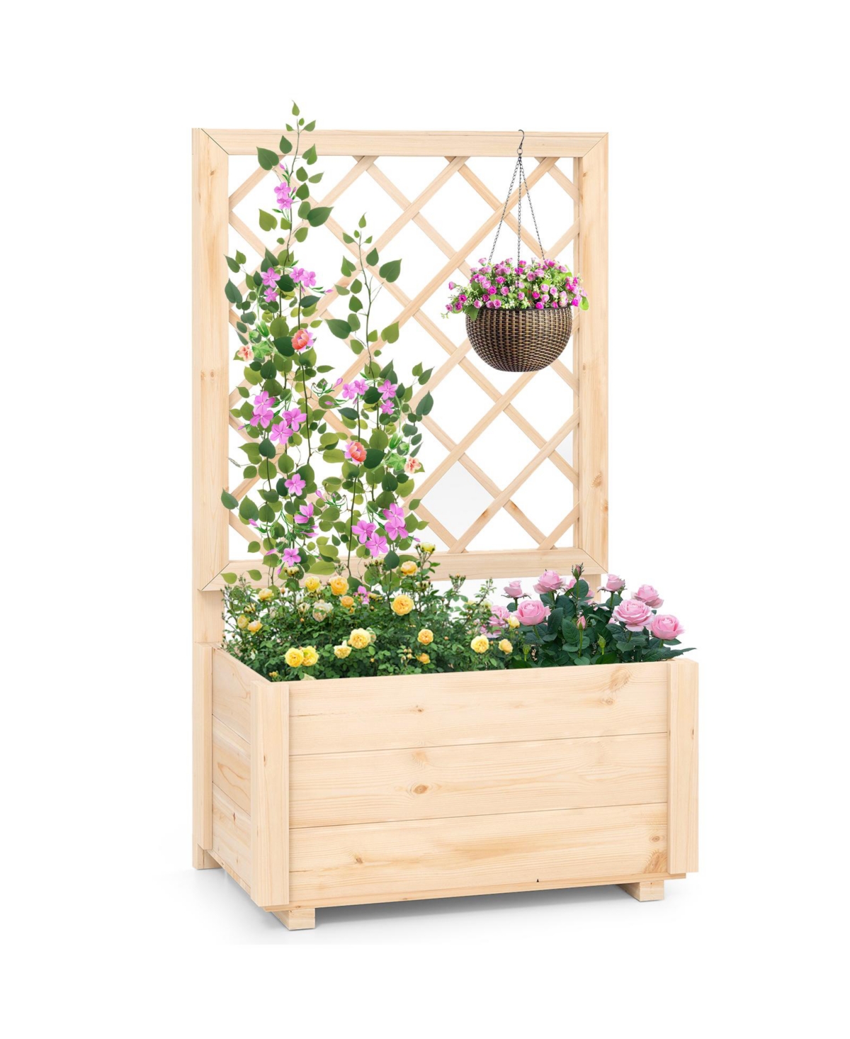 Raised Garden Bed Wooden Elevated Planter Box with Lattice Trellis - Natural